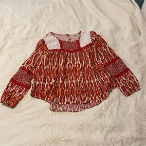 Farmers Market size Medium Boho Mixed Print Flowy Red Lace Trim Blouse